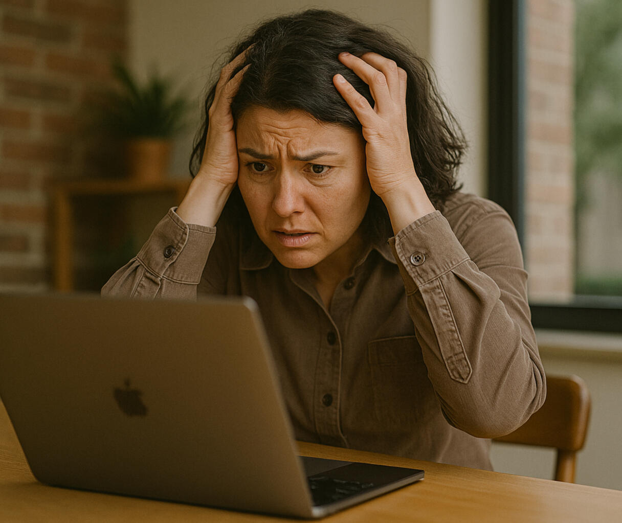 Woman frustrated at computer with hands on head.
